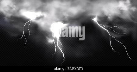 Blitze treffen über den stürmischen Himmel – dramatische, starke elektrische Entladungen ziehen sich durch dunkle, bedrohliche Wolken. 3. Natürliches atmosphärisches Wetterphänomen bei starkem Gewitter. Stock Vektor