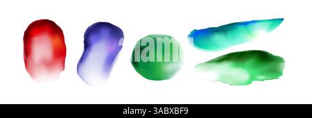 Pinselstriche in Aquarellfarben. Durchscheinende Farbflecken. Farbenfrohe abstrakte künstlerische Aquarellflecken, fließende flüssige Tintenspritzer auf weißem Hintergrund für kreative Designprojekte. Stock Vektor