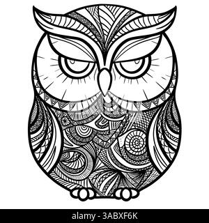 Vektor Hand gezeichnete Illustration einer Eule. Zen-Kritzeleien und Zen-Verwirrung mit einem Muster, Anti-Stress-Färbung, Mosaik. Dieses Kunstwerk spiegelt Kreationen wider Stock Vektor