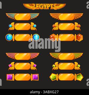 Ägyptisches Spiel-ui-Symbol mit Rand oder Knöpfen mit Flügeln. Zeichentrickset von Schätzen antike. Ägyptisches Rahmenelement aus Gold mit Edelsteinen zum Spiel Stock Vektor