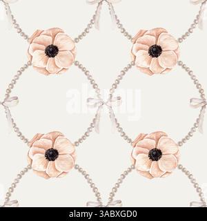 Aquarell Hand gezeichnetes nahtloses Muster mit Anemonen auf einer pfirsichrosa Farbe, Perle und gebunden eine Schleife auf einem beigefarbenen Hintergrund Stockfoto