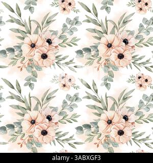 Aquarell nahtloses handgezeichnetes Muster mit zwei Sträußen mit pfirsichrosa Anemonen in blühenden Blüten und Eukalyptus Stockfoto