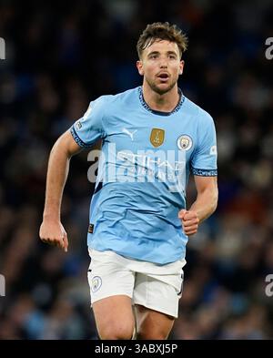 Manchester, Großbritannien. April 2025. Nico González von Manchester City während des Spiels Manchester City gegen Leicester City Premier League im Etihad Stadium in Manchester. Der Bildnachweis sollte lauten: Andrew Yates/Sportimage Credit: Sportimage Ltd/Alamy Live News Stockfoto