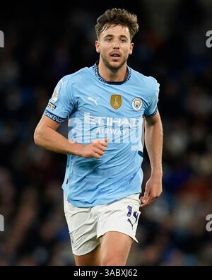 Manchester, Großbritannien. April 2025. Nico González von Manchester City während des Spiels Manchester City gegen Leicester City Premier League im Etihad Stadium in Manchester. Der Bildnachweis sollte lauten: Andrew Yates/Sportimage Credit: Sportimage Ltd/Alamy Live News Stockfoto