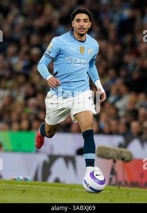 Manchester, Großbritannien. April 2025. Omar Marmoush von Manchester City während des Spiels Manchester City gegen Leicester City Premier League im Etihad Stadium, Manchester. Der Bildnachweis sollte lauten: Andrew Yates/Sportimage Credit: Sportimage Ltd/Alamy Live News Stockfoto