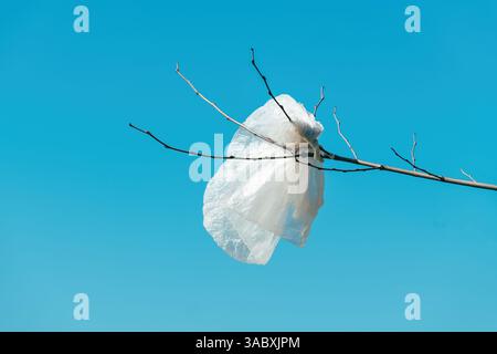 Weiße Plastiktüte klebt an einem Baum, selektiver Fokus Stockfoto