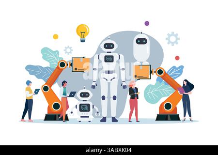 Menschen mit automatisierten android-Robotern. Einblicke in die Roboterindustrie in die Automobil- und Elektronikbranche. Smart Factory Industrial. Stock Vektor