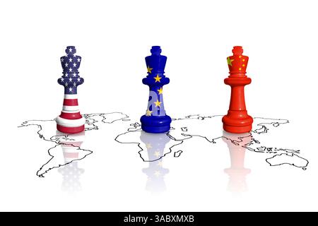 Schach aus USA, EU und China-Flaggen auf einer Weltkarte. China, Europa Union und Vereinigte Staaten von Amerika Handel, Zölle und Zölle Krieg Stockfoto