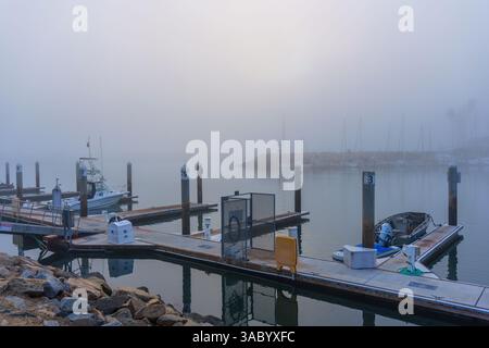 Oceanside, Kalifornien - 3. Januar 2025: Ruhiger, nebeliger Morgen im Oceanside Harbor, mit Booten am Dock in stillen Gewässern und sanftem Morgen Stockfoto