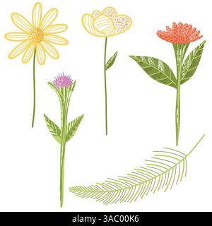 Handgezeichnete bunte Blumen und Blätter in einem bezaubernden künstlerischen Skizzierdesign Stock Vektor