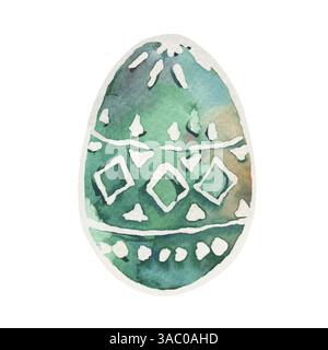 Das Osterei ist bemalt und mit geometrischen Dekorationsmustern stilisiert. Die Illustration ist mit grünen Aquarellen für Karten gemalt. Weiß Stockfoto