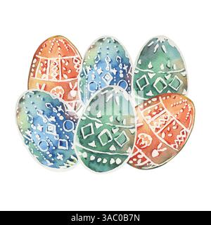 Osterkomposition von gemalten Eiern mit stilisiertem, geometrischem Dekorationsmuster. Die Illustration ist mit Aquarellen in den Farben Grün, Blau und Orange bemalt Stockfoto