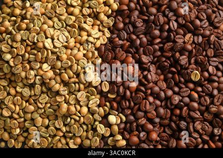 Nahaufnahme grüner, heller, mittlerer und dunkler gerösteter Kaffeebohnen, die die Verwandlung von Farbe und Textur durch Rösten betonen Stockfoto