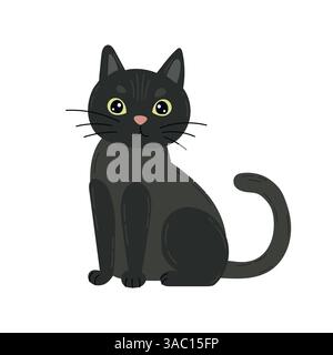 Die schwarze Karikaturkatze mit grünen Augen und elegantem Fell sitzt ruhig in einer minimalen flachen Skizze, ideal für Halloween-Prints, Tiermotive oder Charakterkunst Stock Vektor
