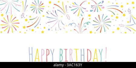 „Happy Birthday“-Banner. Vorlage mit Gruß, Feuerwerk, Konfetti und Text. Horizontale Grußkarte mit bunten, hellen Feiertagselementen Stock Vektor