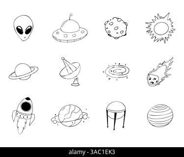 Raumset mit Alien, Meteor, Planeten und Raumschipskizze handgezeichnete Illustration. Setzen Sie kosmische Kritzelelemente. Vektorabbildung Stock Vektor