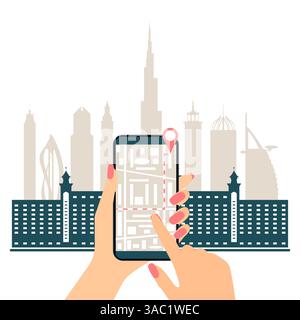 Vektorillustration Spaziergang durch die Stadt. Navigation. Hände halten das Handy und zeichnen die bewegliche Route auf dem Telefonbildschirm. Stadtplan. Lage Reise L Stock Vektor
