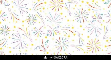 Bunte Salute, Feuerwerk, Poppers und Konfetti nahtlose Muster. Festlicher Hintergrund mit buntem Lametta. Farbenfrohe Explosions-Feuerwerkskörper-Aufdruck Stock Vektor