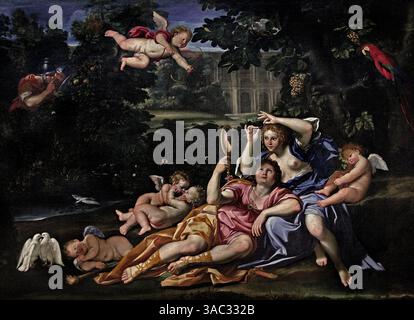 Rinaldo und Armida - Renaud et Armide 1617 von Domenico Zampieri 1581 - 1641 Italien Italienisch - Le Dominiquin Italien Italienisch, Louvre France Fine Art Museum Paris, ( die Geschichte von Rinaldo und Armida stammt aus dem Epos Gerusalemme Liberata (1570) des italienischen Dichters Torquato Tasso. Die Geschichte spielt während des Ersten Kreuzzugs und dreht sich um die Ritter, die für die Befreiung Jerusalems von den Heiden kämpfen. Rinaldo ist einer der tapferen Kreuzritter, während Armida eine bezaubernde heidnische Prinzessin ist. Stockfoto