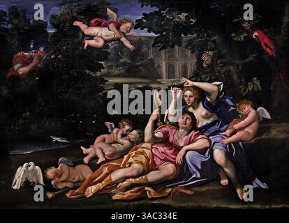 Rinaldo und Armida - Renaud et Armide 1617 von Domenico Zampieri 1581 - 1641 Italien Italienisch - Le Dominiquin Italien Italienisch, Louvre France Fine Art Museum Paris, ( die Geschichte von Rinaldo und Armida stammt aus dem Epos Gerusalemme Liberata (1570) des italienischen Dichters Torquato Tasso. Die Geschichte spielt während des Ersten Kreuzzugs und dreht sich um die Ritter, die für die Befreiung Jerusalems von den Heiden kämpfen. Rinaldo ist einer der tapferen Kreuzritter, während Armida eine bezaubernde heidnische Prinzessin ist. Stockfoto