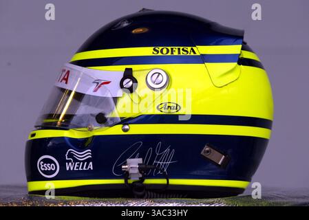 Der Helm von Cristiano da Matta (BRA) Toyota, Seitenansicht. Formel-1-Weltmeisterschaft, RD3, brasilianischer Grand Prix, Vorbereitungen, Interlagos, Brasilien, 3. April 2003..DIGITALES BILD (Credit Image: ©Sutton Motorsports/ZUMA Press) Stockfoto