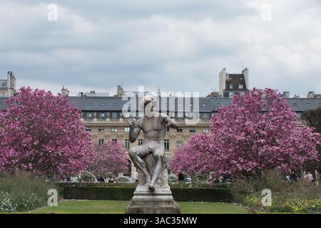 Der Jardin du Palais Royal in Paris strotzt vor Frühlingsblumen Stockfoto