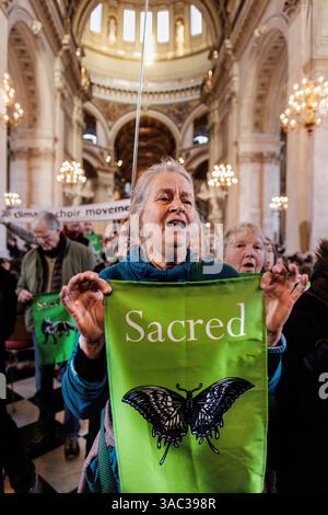 März 2025. St Pauls's Cathedral, London. Singender Flashmob zieht in die St. Paul’s Cathedral, um die Kirche zu fordern, die Natur zu schützen. Im Vorfeld des World Wildlife Day rufen 200 Mitglieder des Climate Choir Movement die Church of England, einen der größten Landbesitzer des Landes, auf, sich dringend mit dem düsteren Zustand ihres Landes in London zu befassen: Ein 200-köpfiger Flash Mob überraschte Besucher und Kirchgänger in der St. Paul’s Cathedral (heute Samstag, 1. März) mit einer musikalischen Botschaft, die die wichtige Rolle der Kirche bei der Wiederherstellung der Natur unterstreicht. Stockfoto