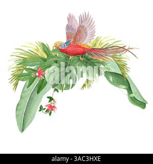 Fliegender goldener Fasan, Palmblätter und Passionsblumen Aquarellillustration. Handgezeichneter Regenwald Natur isoliertes Clipart, Skizzenstil. Exotisch Stockfoto