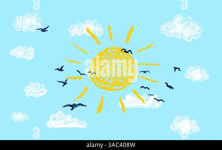 Helle Sonne mit Sonnenstrahlen. Sonniger Himmel und Silhouette einer Vogelschar. Bunte Wachsstift-Kinder zeichnen die bewölkte Landschaft. Vektornaives und lustiges Design Stock Vektor