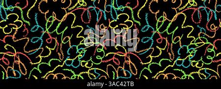 Nahtloses Muster mit Kritzelkreiden. Moderne rot-blau-grüne Striche, gezeichnet mit Wachsstift auf schwarzer Tafel. Lustige bunte Hintergrundbilder Stock Vektor