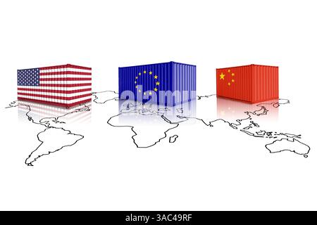 Handelsbehälter aus US-, EU- und China-Flaggen auf einer Weltkarte. China, Europa Union und Vereinigte Staaten von Amerika Handel, Zölle und Zölle Krieg Stockfoto