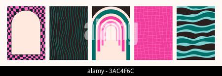 Groovige psychedelische Hintergründe in lebhaften Farben. Abstraktes Set mit Retro-Muster. Trendige, flippige Vektortexturen im abstrakten y2k-Stil. Vektorgrafik für Stock Vektor