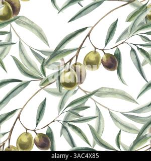 Oliva verzweigt nahtloses Aquarellmuster. Floraler wiederholter Hintergrund, florale Sommer romantische Malerei für Hochzeit Textil, Einladung, Konzept Desig Stockfoto
