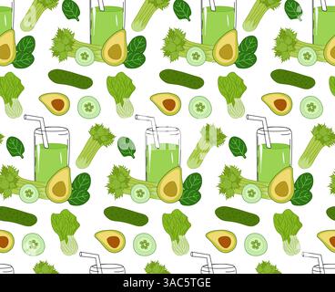 Nahtloses Muster des vegetarischen grünen Smoothies. Vegetarische Lebensmittelvektor-flache Illustration auf transparentem Hintergrund. Für Logo, Web, Verpackung, Aufkleber. Essen Stock Vektor