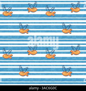 Fliegende Fische. Blauer Streifenhintergrund. Design für Textilien, Urlaubseinladungen, Seereisen Stockfoto