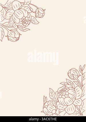 Kartenschablone, Rahmen mit Linienart Pfingstrosenblüten Stock Vektor