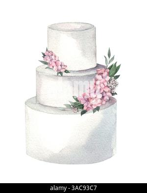 Dreistöckige Hochzeitstorte mit rosafarbenen Blumen und grünen Blättern. Handgemalte Aquarellabbildung für Karten und Einladungen Stockfoto