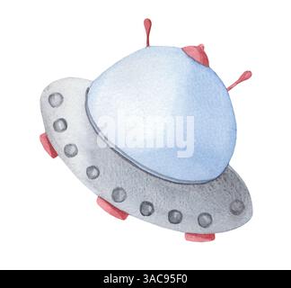 Handgemaltes UFO-Schiff in Grau- und Blautönen isoliert auf weißem Hintergrund. Aquarellillustration Kosmischer Raum Stockfoto