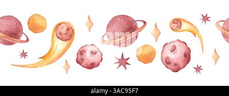 Nahtlose Grenze mit Planet und Komet auf weißem Hintergrund. Aquarellillustration Cosmic Space für Kinderzimmer Stockfoto