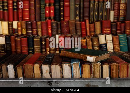 Eine große Sammlung von Büchern ist übereinander gestapelt. Die Bücher haben verschiedene Größen Stockfoto