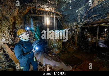 PRODUKTION - 02. April 2025, Sachsen-Anhalt, Sangerhausen: Thomas Wäsche, Direktor des Erlebniszentrums Bergbau Röhrigschacht Wettelrode, steht fast 300 Meter unter der Erde. Die ersten Bergleute begannen vor 825 Jahren in der Region Mansfeld mit dem Graben nach Kupfererz. Ab 1750 wurde ein intensiver Bergbau durchgeführt. Insgesamt wurden rund 2,6 Millionen Tonnen Kupfer und 14.213 Tonnen Silber aus dem Erz in der Region gewonnen. Bis Dezember werden insgesamt 38 Veranstaltungen an den Beginn der Bergbau- und Hüttenwirtschaft in der Region Mansfeld erinnern. Als bedeutender Kupfer- und Silberproduzent ist die Region ein wichtiger Faktor Stockfoto