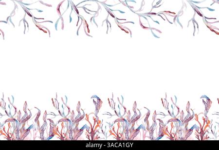 Nahtlose Meeresgrenze mit zarten rosa Meerespflanzen, Korallenzweigen und Algen auf weiß. Monochrome Aquarellhintergründe für Botanik Stockfoto