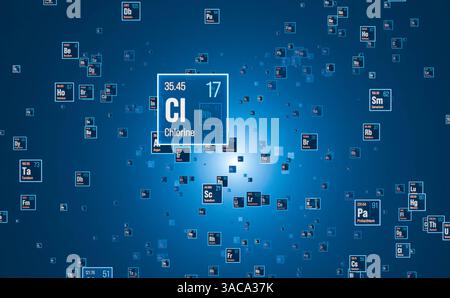 Chlorchemisches Element, Periodensystem der Elemente. Chlorchemisches Element, Periodensystem der Elemente. System, Material, Chemie, Atomgewicht, Material, Wissenschaft, Bildung. 3D-Animation img science010s01 periodic table Elements Floating Stockfoto