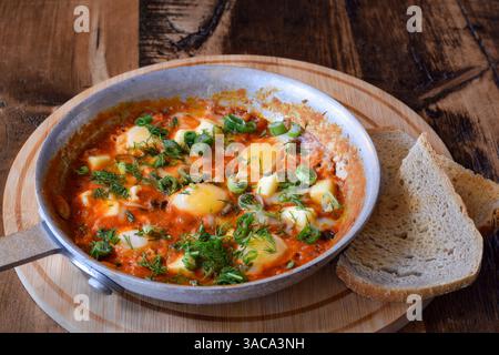 Frühstück Shakshuka garniert mit frischem Dill und grünen Zwiebeln in der Pfanne auf Holztisch mit einer Beilage Brottoast Stockfoto