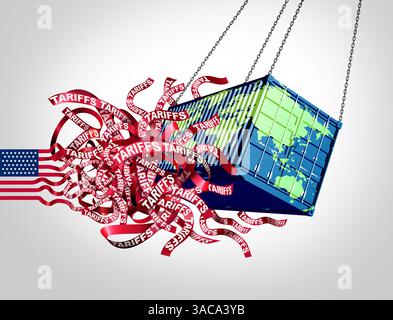 Die Krise der US-AMERIKANISCHEN Zölle und die Verwirrung der US-Zölle als internationaler Handelskrieg mit amerikanischen Import- und Exportsteuern auf der ganzen Welt Stockfoto
