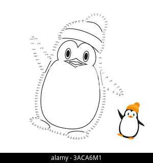Ausmalbuch für Kinderspiele. Wir zeichnen einen Pinguin von Punkt zu Punkt. Stock Vektor