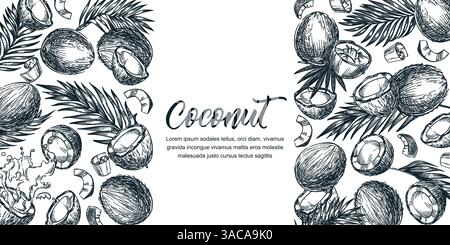 Design-Vorlage für Coconut Label-Paket. Abbildung der Vektorskizze. Aufkleber mit handgezeichneter kalligraphischer Schrift. Gebrochene Kokosnüsse und Palmblätter drauf Stock Vektor