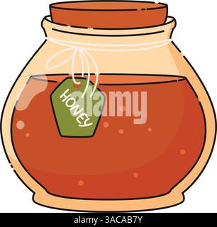 Glas mit Kork und Etikett mit Honig dunkel orange natürliche Süße. Imkerei Stock Vektor