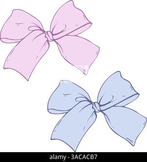 Schleife aus Satingewebe mit kurzen breiten Bändern. Grafische Skizze Illustration von Hand gezeichneter Strichgrafik, Umriss in Blau und Rosa. Einzelner isolierter Elementvektor Stock Vektor