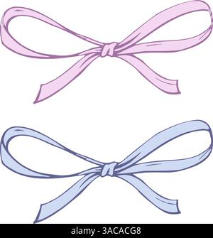 Satin, kleine, schlichte Schleife aus Stoff, dünne Bänder. Grafische Skizze Illustration von Hand gezeichneter Strichgrafik, Umriss in Blau und Rosa. Einfach isoliert Stock Vektor